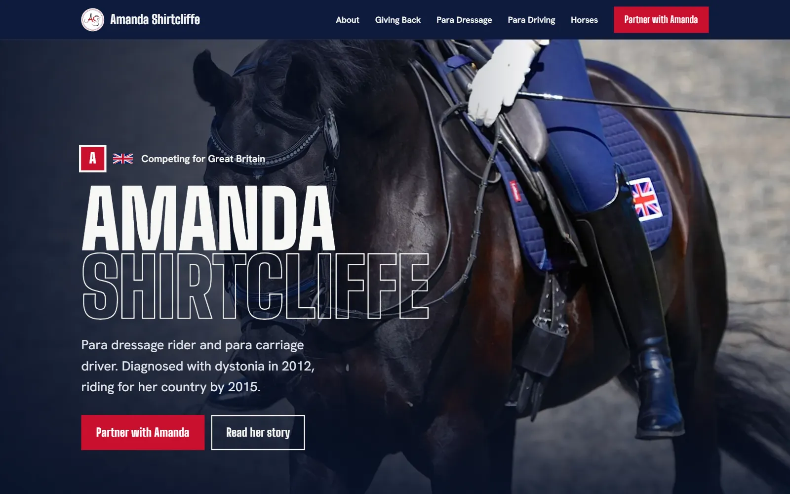 The new site: her story, both sports and a clear route to partnering, on every page.