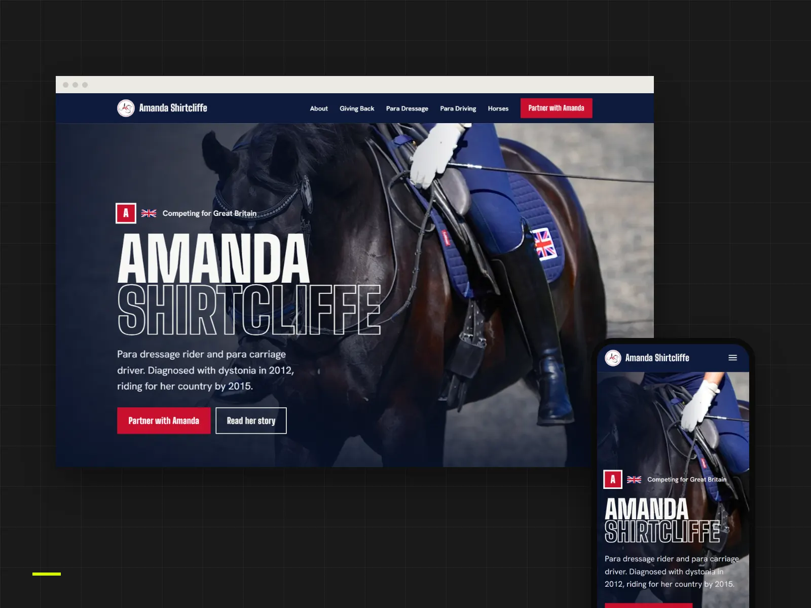 Amanda Shirtcliffe’s new website on desktop and mobile: “Competing for Great Britain.”