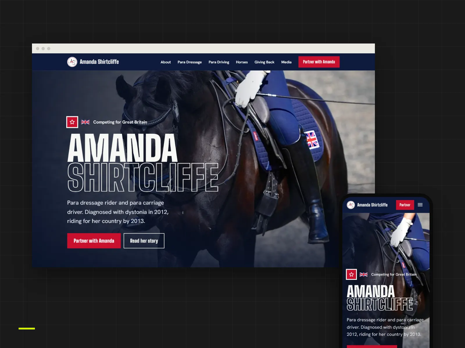 Amanda Shirtcliffe’s new website on desktop and mobile: “Competing for Great Britain.”