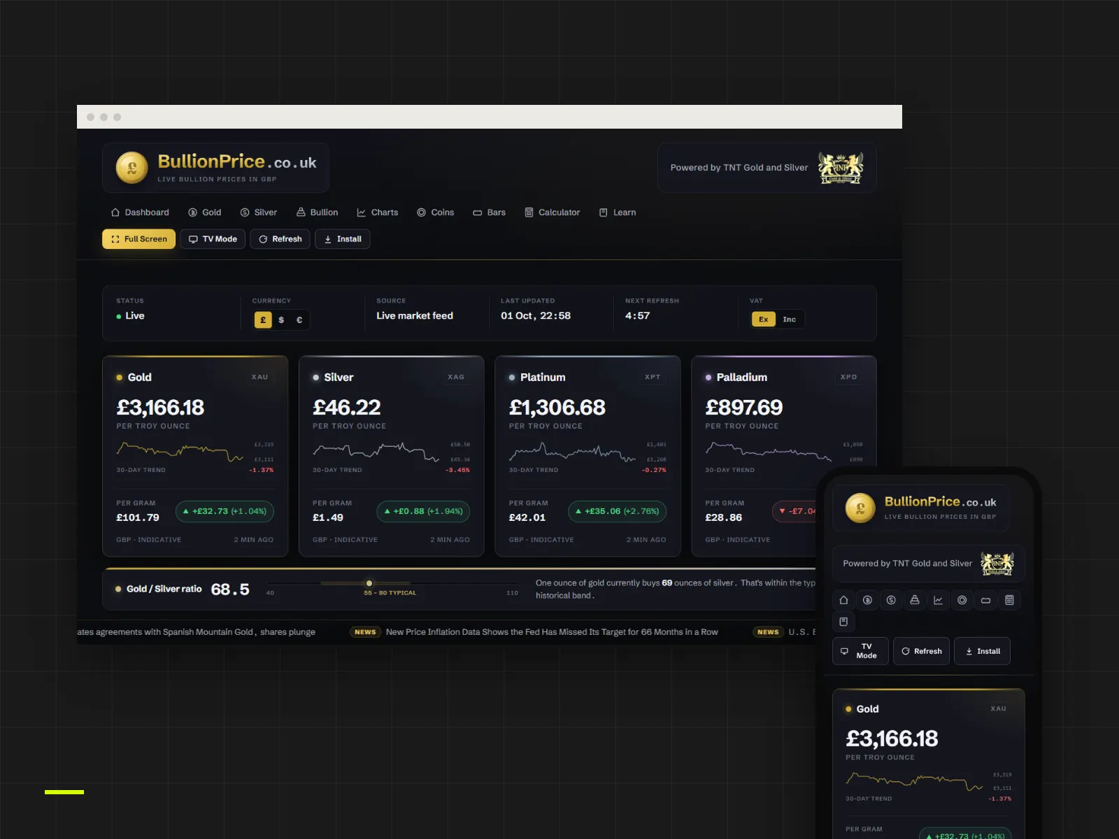 BullionPrice.co.uk live dashboard showing gold, silver, platinum and palladium prices in GBP on desktop and mobile.