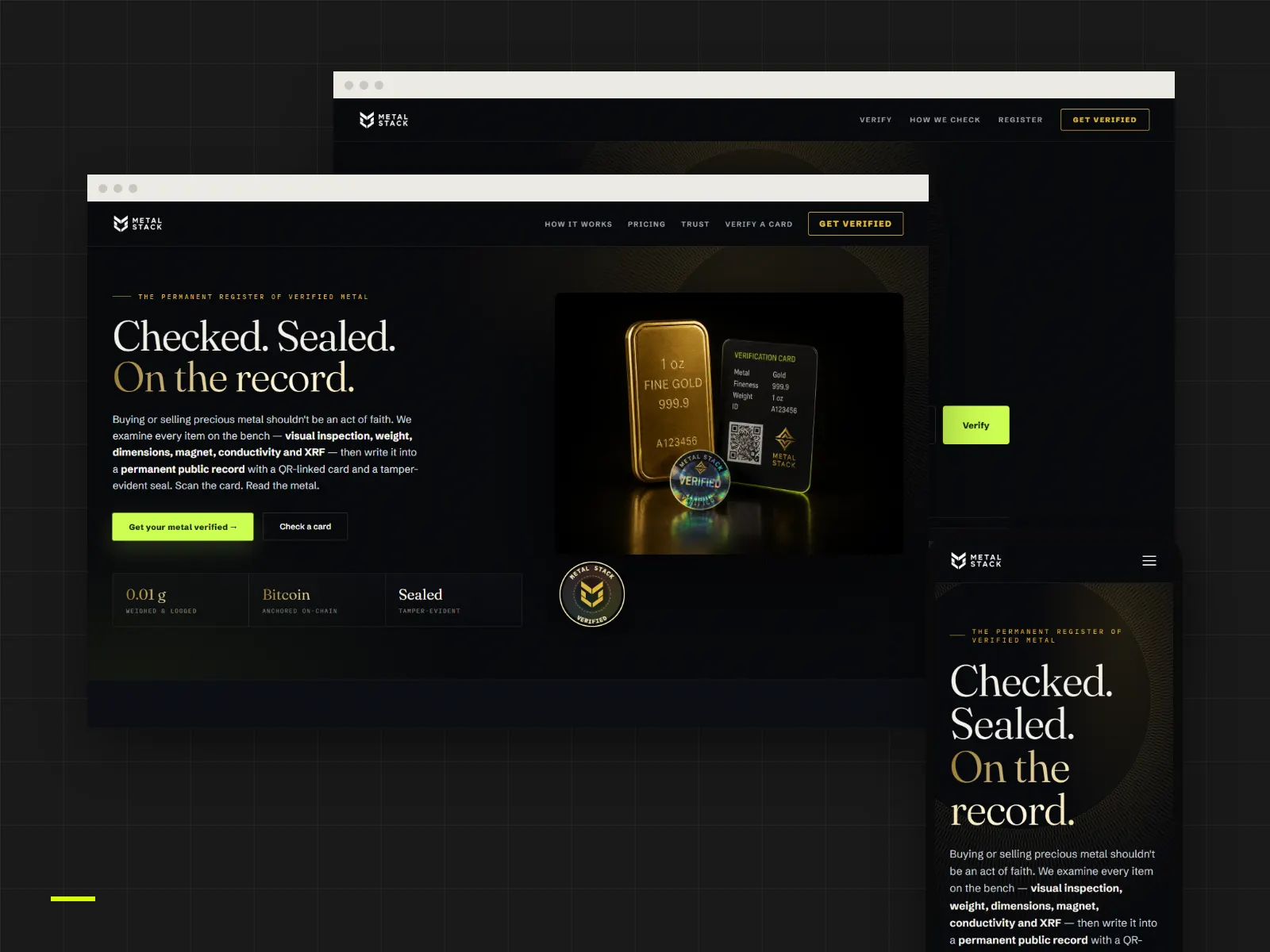 Metal Stack website and verification app: “Checked. Sealed. On the record.”