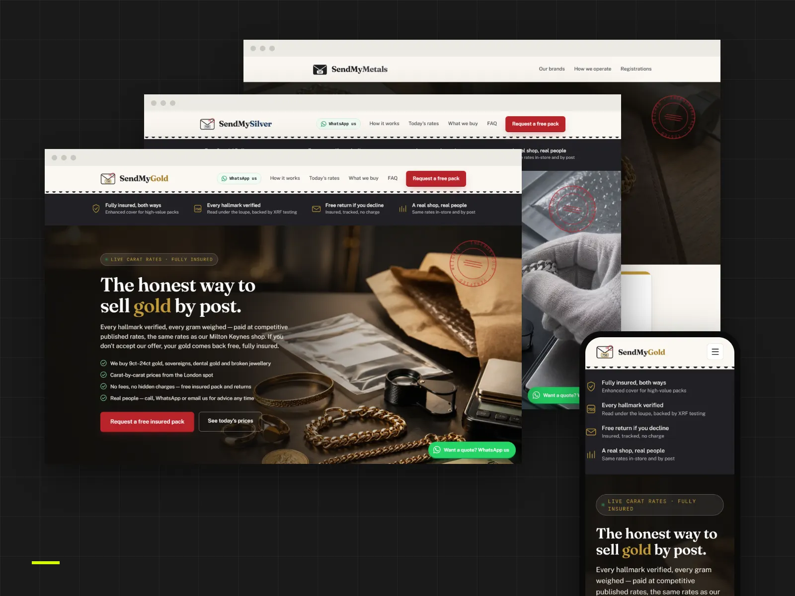 SendMyGold, SendMySilver and SendMyMetals websites: “The honest way to sell gold by post.”