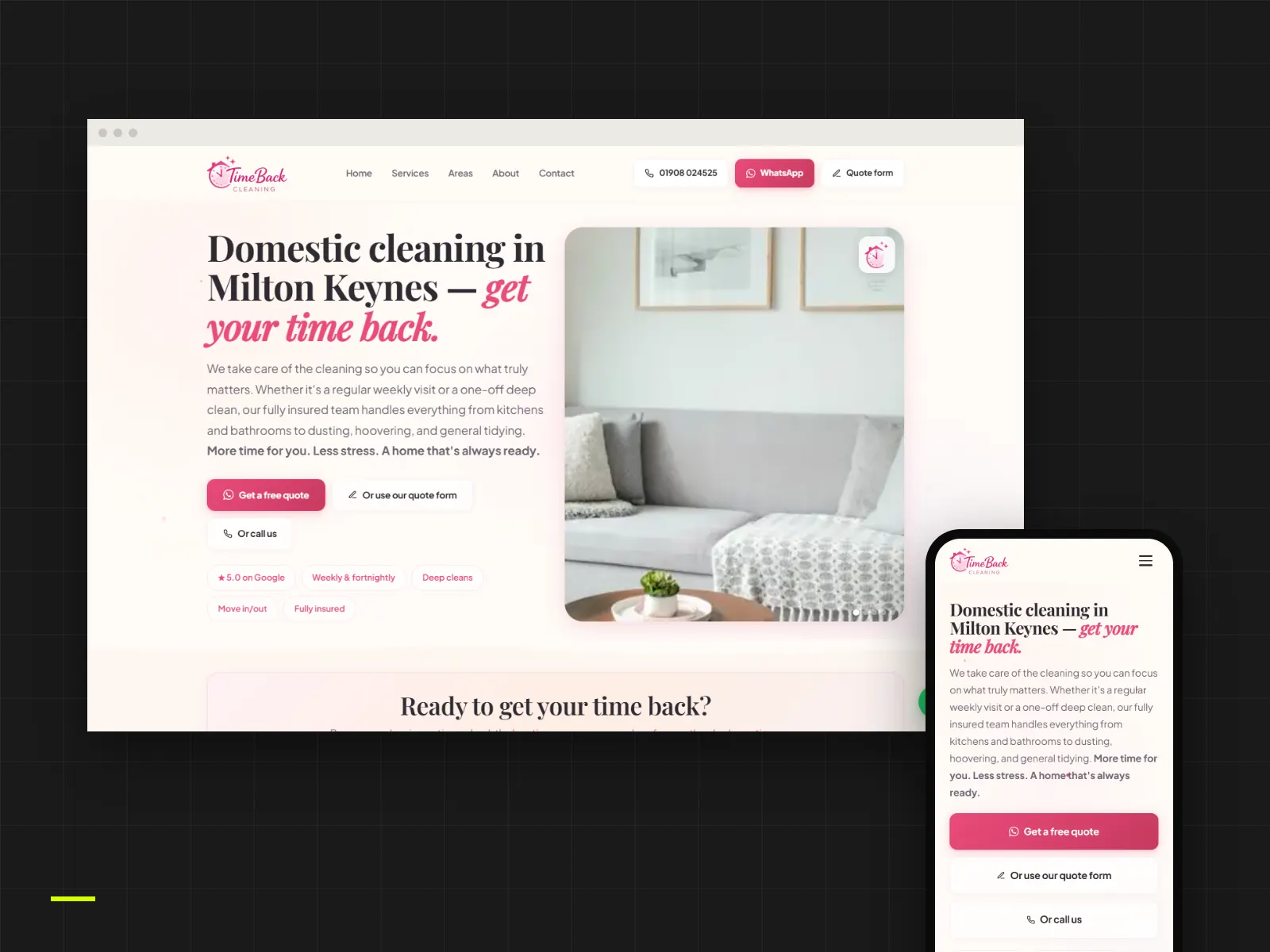 TimeBack Cleaning website on desktop and mobile: “Domestic cleaning in Milton Keynes — get your time back.”